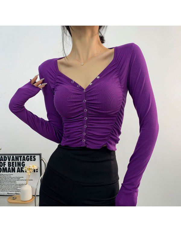 Spicy Girls Spring New Tight Sexy Pleated V-Neck Slim Bottom Shirt Women's Long Sleeve T-shirt Fashion European and American Style 
