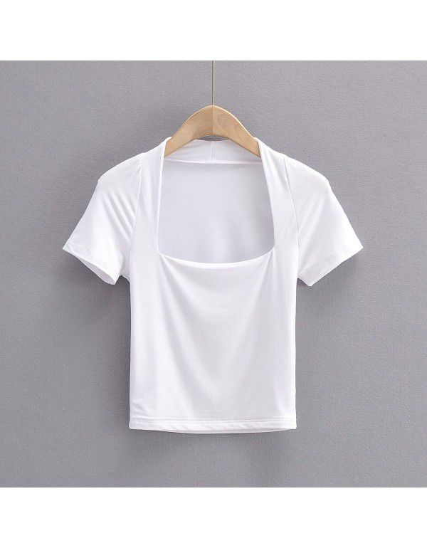 Low cut square neck, slim fit, open navel, short T-shirt, women's summer new elastic, slim fit, solid color, short sleeve top, fashion