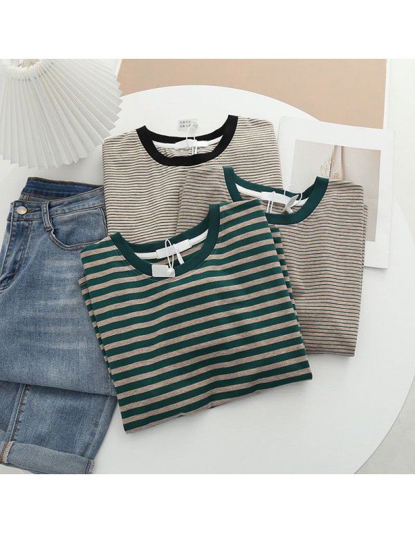 Stripe Color Matching Short Sleeve T-shirt Women's Ins Fashion Women's Pure Cotton Bottom Shirt 2023 Summer Loose Design Feel Top Wholesale