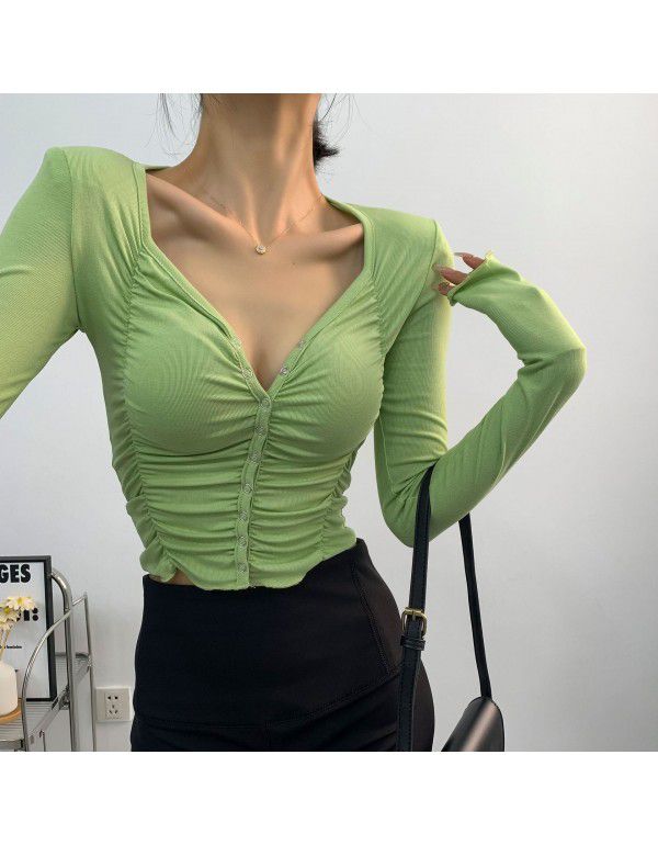 Spicy Girls Spring New Tight Sexy Pleated V-Neck Slim Bottom Shirt Women's Long Sleeve T-shirt Fashion European and American Style 