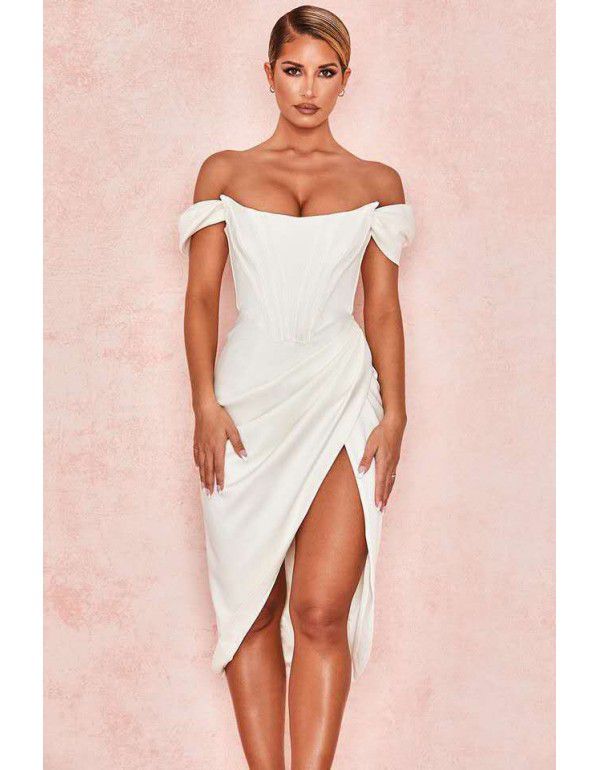 Solid color fishbone suspender sexy slit dress for women 
