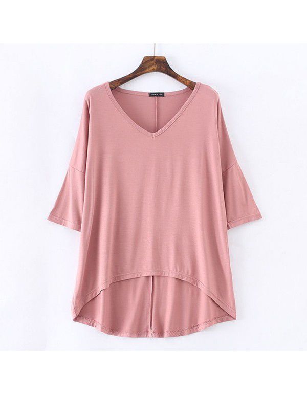 Spring and summer new Modal bat sleeve medium sleeve t-shirt women's casual Korean V-neck solid color large half sleeve bottom shirt 