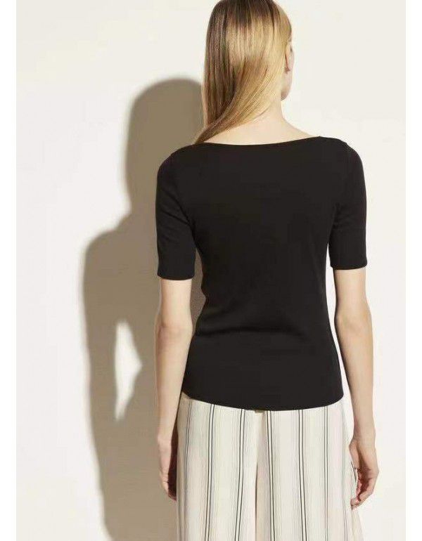 Cotton temperament commuting square neck short sleeve slim fitting solid color T-shirt black&white 