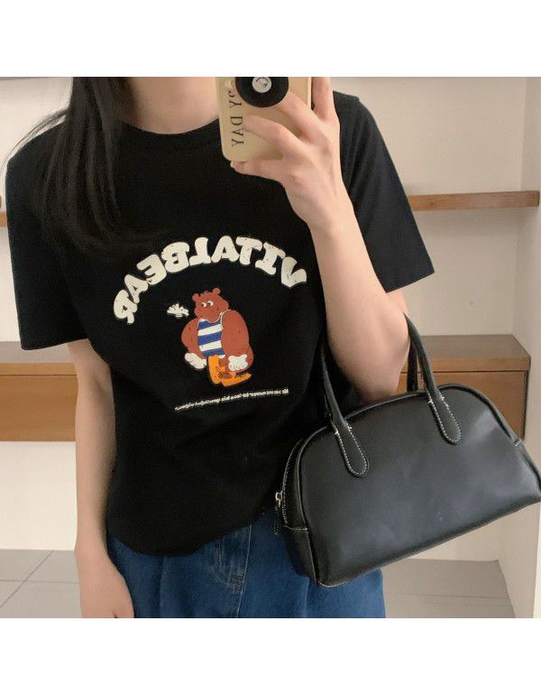New Korean T-shirt Women's Summer Stripe Bear Print Leisure Round Neck Short Sleeve Cotton Women's Round Neck Top 