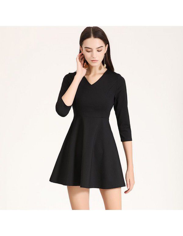 Spring New Elegant Slim Fit V-Neck 3/4 Sleeve A-line Bottom Dress Work Uniform