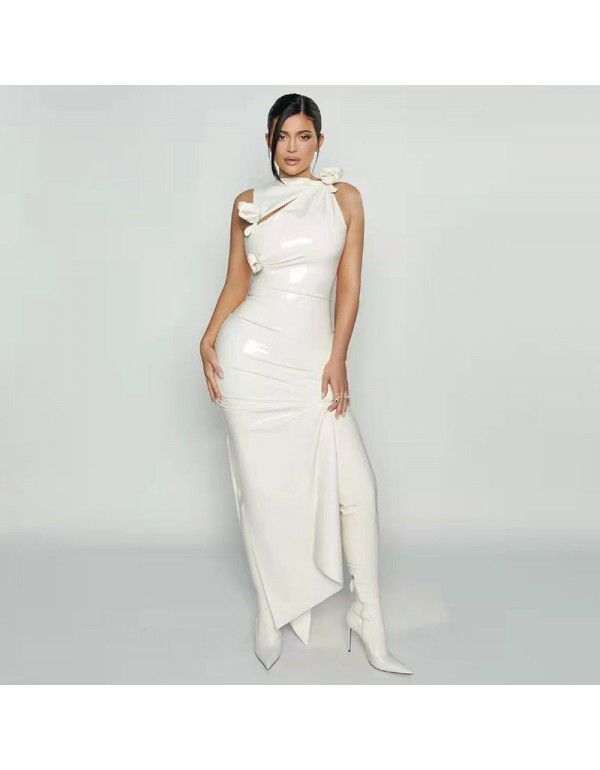 White bright PU pleated bow flower wrap hip skirt elastic slim dress European station women's Christmas dress 