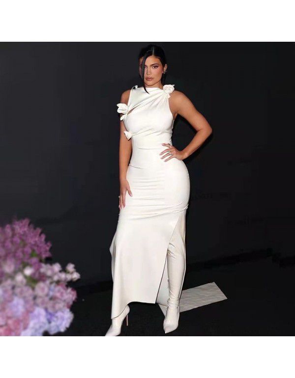 White bright PU pleated bow flower wrap hip skirt elastic slim dress European station women's Christmas dress 