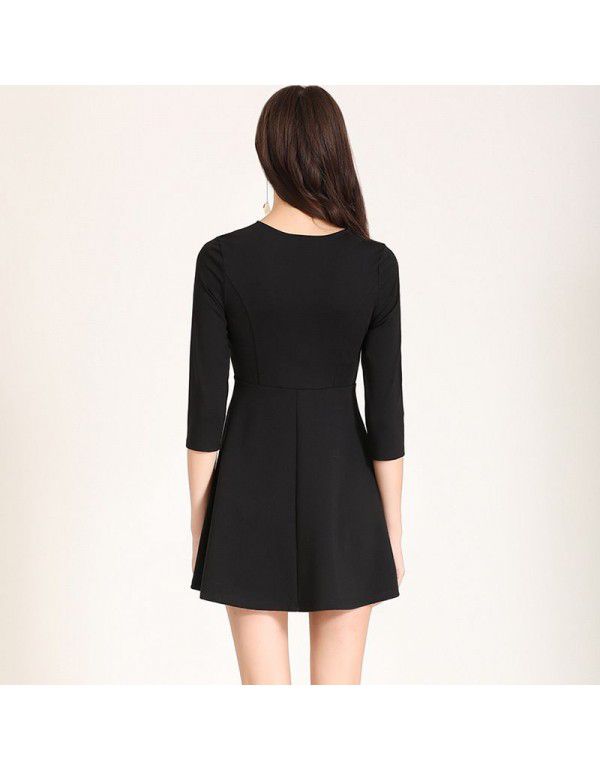 Spring New Elegant Slim Fit V-Neck 3/4 Sleeve A-line Bottom Dress Work Uniform