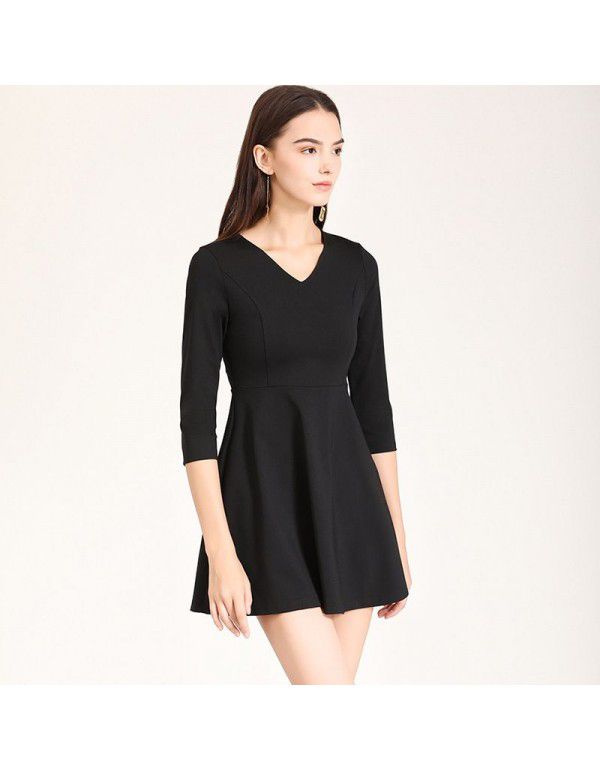 Spring New Elegant Slim Fit V-Neck 3/4 Sleeve A-line Bottom Dress Work Uniform