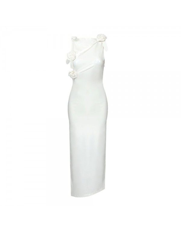 White bright PU pleated bow flower wrap hip skirt elastic slim dress European station women's Christmas dress 