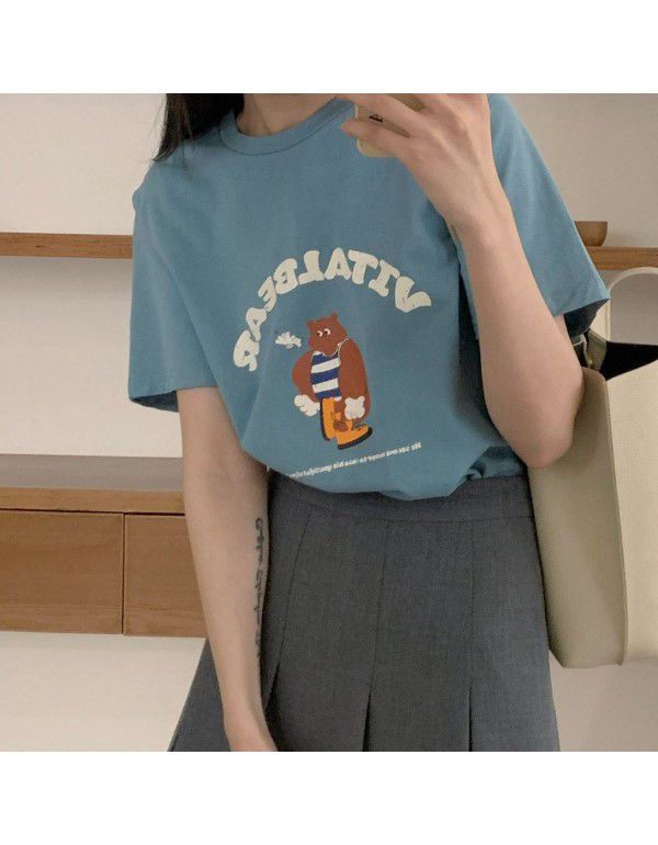 New Korean T-shirt Women's Summer Stripe Bear Print Leisure Round Neck Short Sleeve Cotton Women's Round Neck Top 