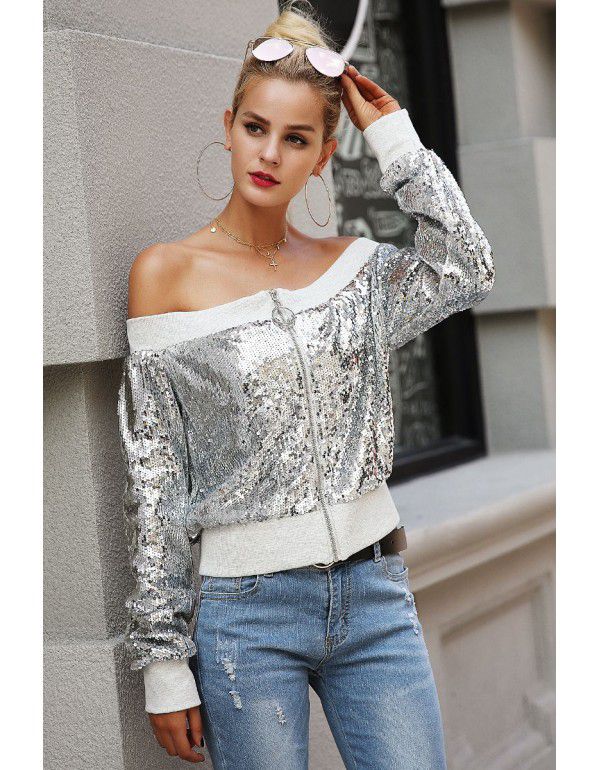 Spring women's zipper silver white jacket sexy one-line neck sequin patchwork jacket casual top 