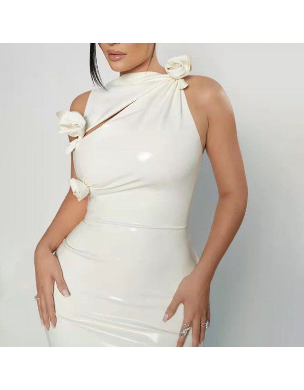 White bright PU pleated bow flower wrap hip skirt elastic slim dress European station women's Christmas dress 