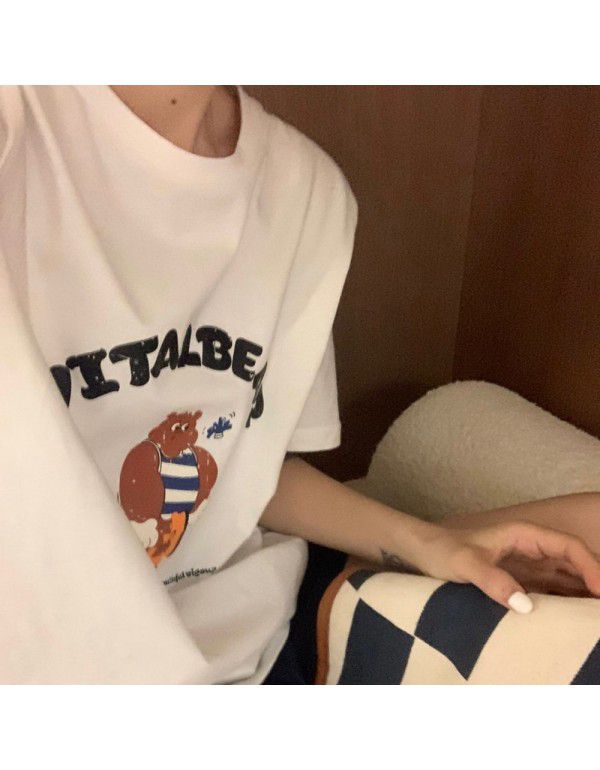 New Korean T-shirt Women's Summer Stripe Bear Print Leisure Round Neck Short Sleeve Cotton Women's Round Neck Top 
