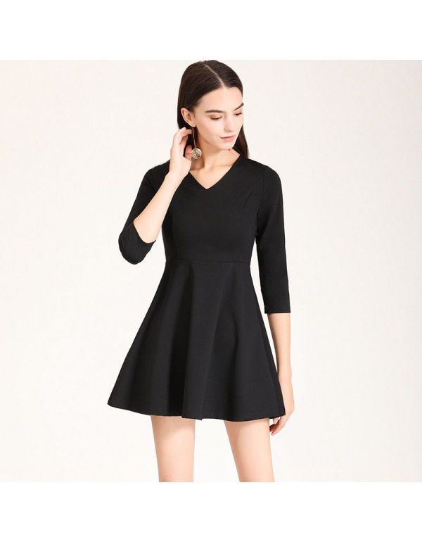 Spring New Elegant Slim Fit V-Neck 3/4 Sleeve A-line Bottom Dress Work Uniform