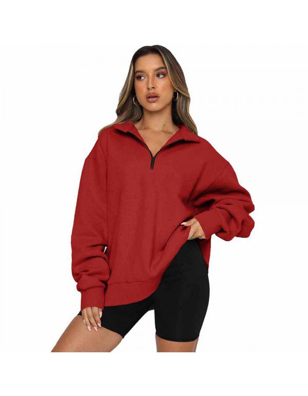 Shiying Zipper Polo Large Sweater Women's Solid Loose Versatile Top 25311969
