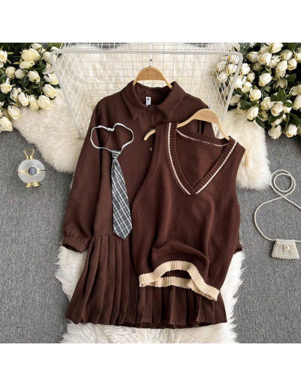 Jk uniform autumn and winter wear with reduced age college style pleated skirt wear knitted vest two-piece suit dress 