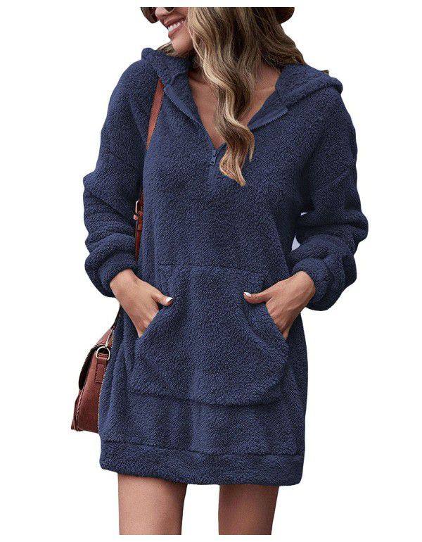 Autumn and Winter Women's Double Face Fleece Hoodie Loose Zip Plush Pocket Sweater Jacket