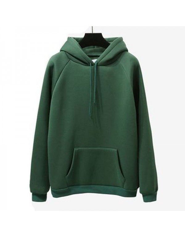 Autumn and Winter New Loose Top Korean Solid Color Plush Thickened Hooded Sweater Women