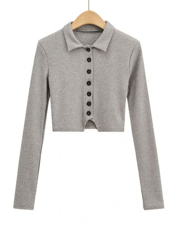 Polo polo collar long-sleeved blouse women's new style pure hot girl slim fit single breasted high waist exposed navel short t-shirt 