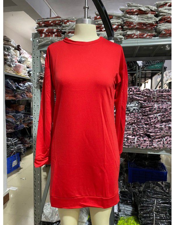 European and American winter new casual round-neck solid color medium length sweater dress for women 
