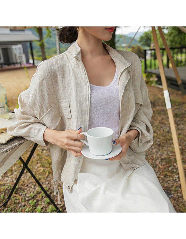 Workwear Style Stand Collar Large Pocket Loose Jacket Top Spring and Autumn Korean Casual Cotton Hemp Coat Jacket Women