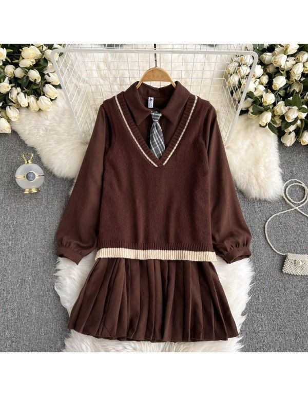 Jk uniform autumn and winter wear with reduced age college style pleated skirt wear knitted vest two-piece suit dress 