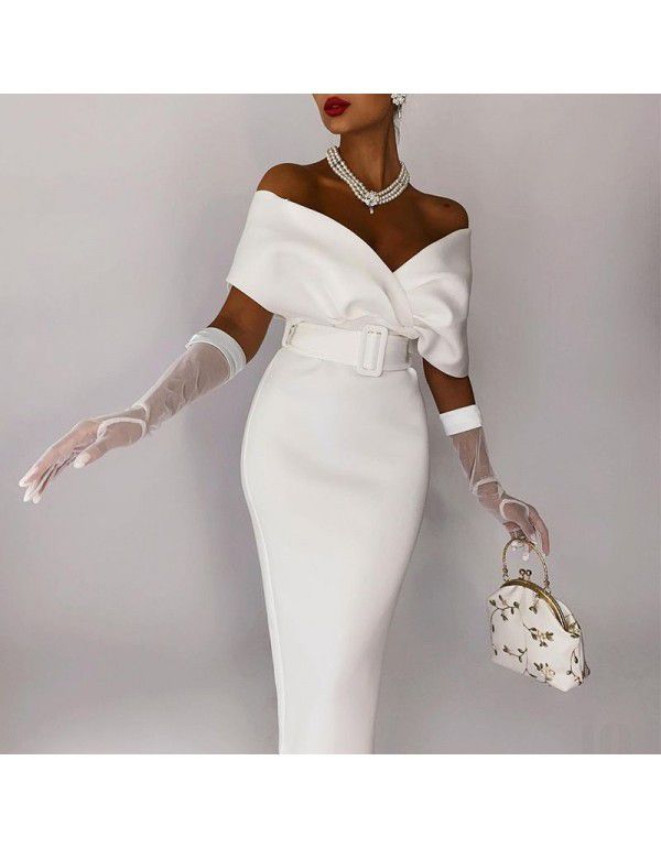 European and American women's one-shoulder chest wrapped high waist solid color bandage dress 