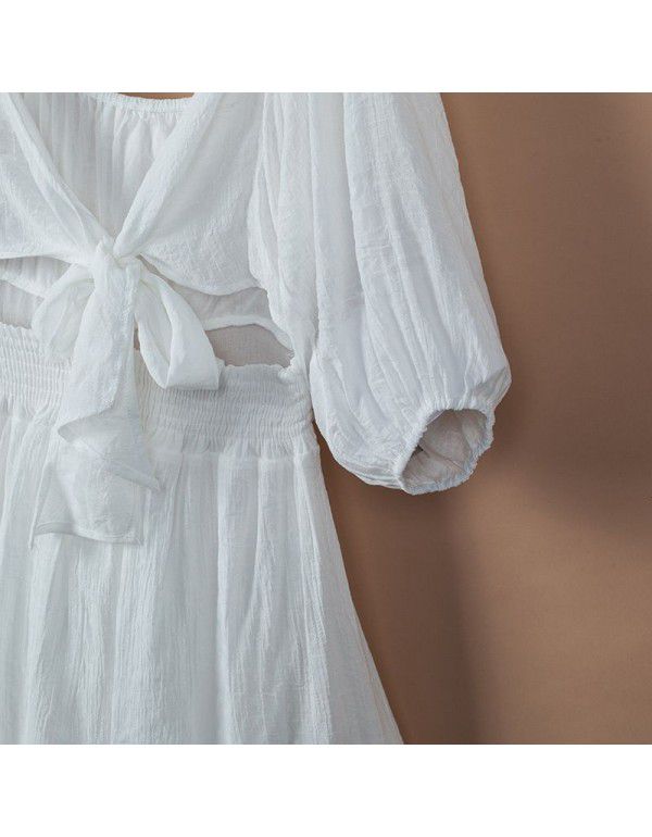 Dress Women's New Summer Off Shoulder Solid Color Lacing Ruffle Sleeve Casual Dress Women