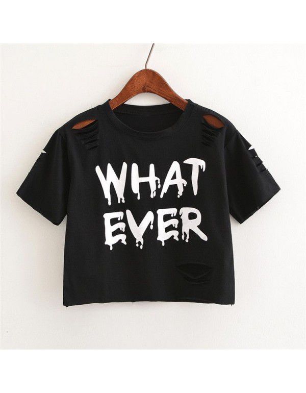 New summer women's wear European and American style short round neck cover with holes in the head, letter printing short sleeve T-shirt for women 