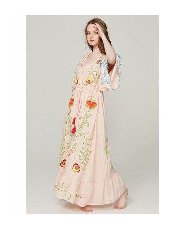 European and American autumn new flower embroidery V-neck large flare sleeve dress dress dress dress 