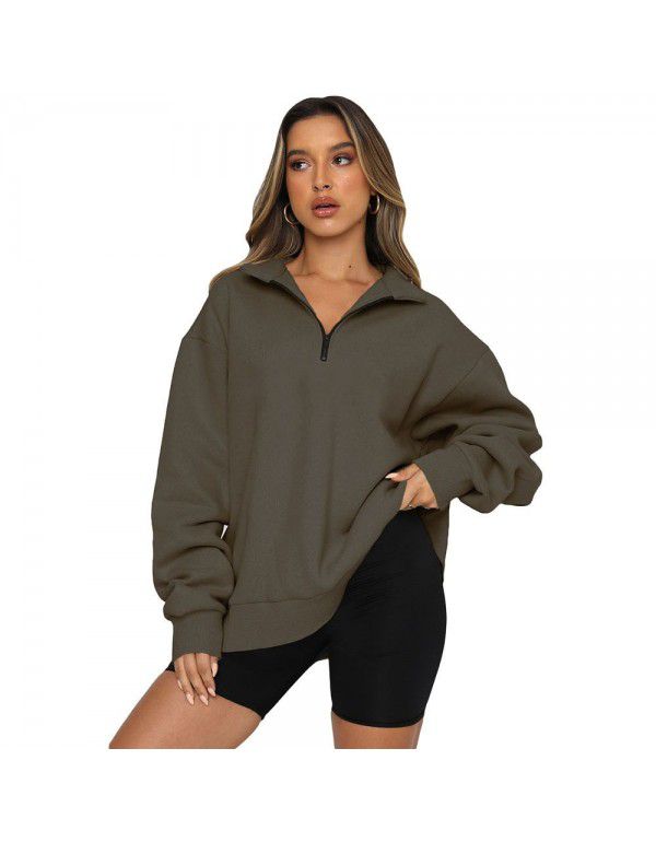 Shiying Zipper Polo Large Sweater Women's Solid Loose Versatile Top 25311969
