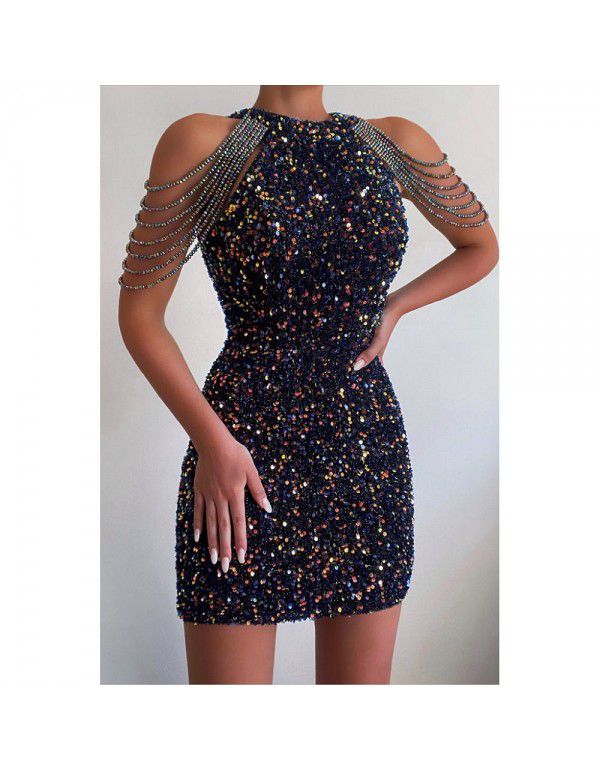 Sequin Short Dress Dress Women's Fashion Popular Round Neck Sexy Slim Fit Tassel Dress