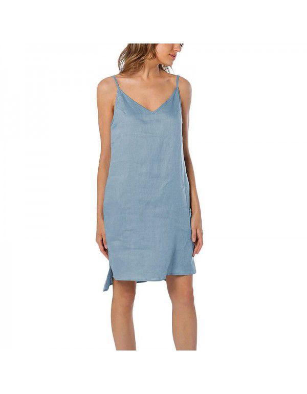 Pure linen suspender skirt European and American style women's casual home vest dress can be worn externally