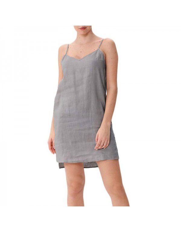 Pure linen suspender skirt European and American style women's casual home vest dress can be worn externally