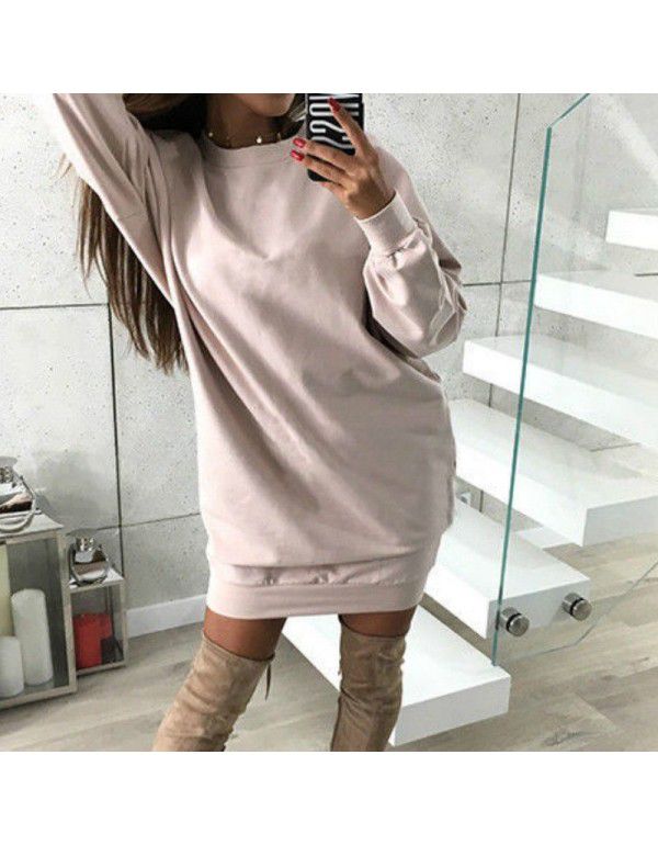 European and American winter new casual round-neck solid color medium length sweater dress for women 