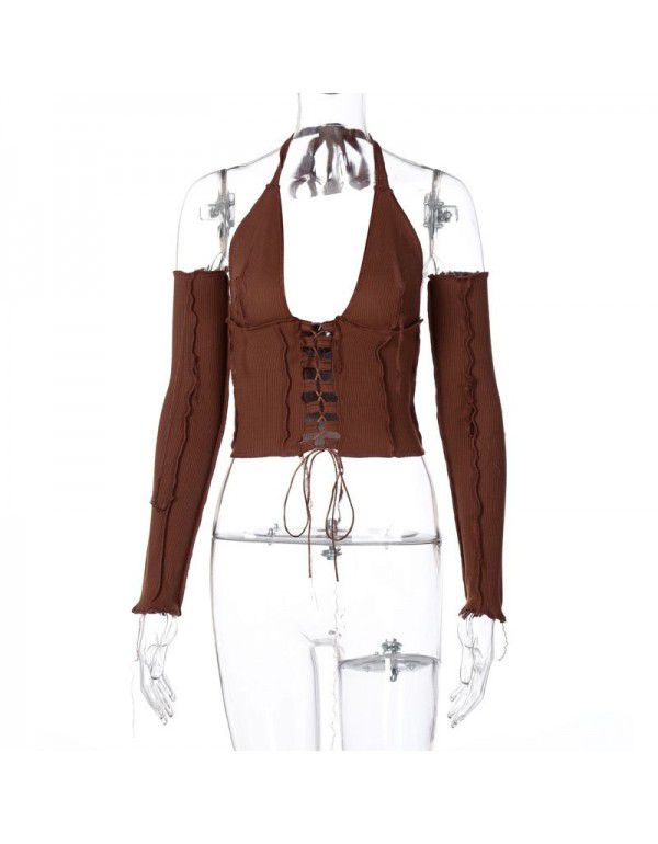 Spring/Summer New Reversed Side Chest Lace Up Neck Strap Independent Long Sleeve T-Shirt