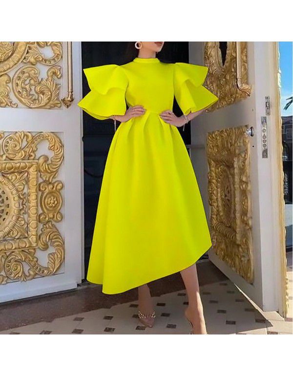 Women's New Ruffle Sleeve Solid Color Large Swing European and American Dress Dress 