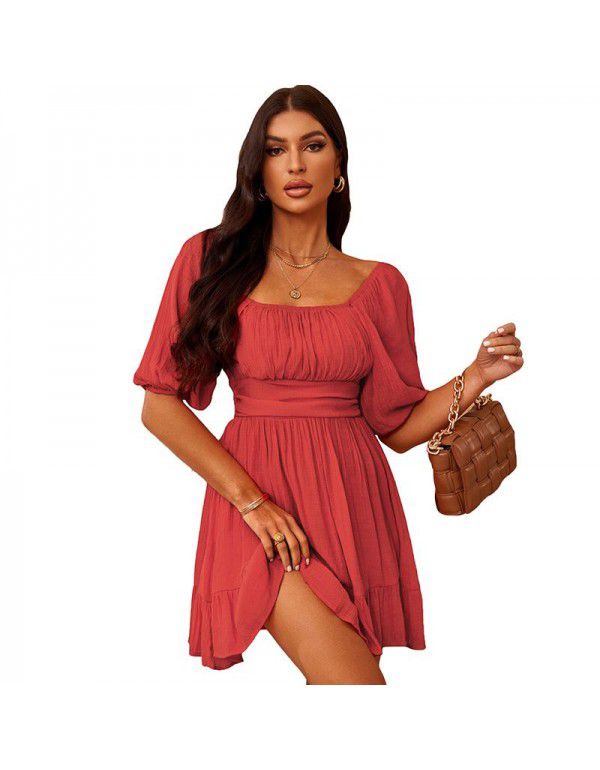 Dress Women's New Summer Off Shoulder Solid Color Lacing Ruffle Sleeve Casual Dress Women