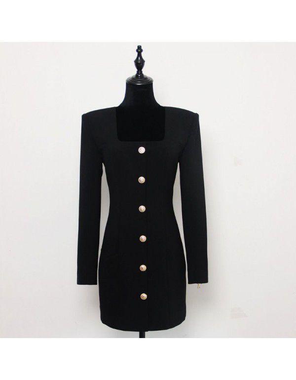 Spring and Autumn New Fashion Solid Color Square Neck Single breasted Long Sleeve Zipper Short Women's Dress