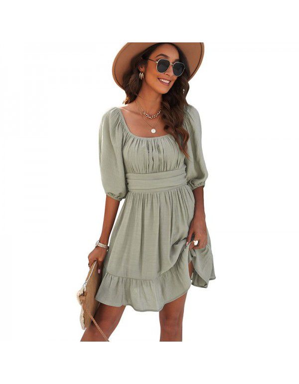 Dress Women's New Summer Off Shoulder Solid Color Lacing Ruffle Sleeve Casual Dress Women
