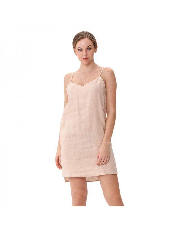 Pure linen suspender skirt European and American s...