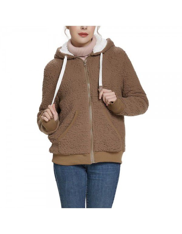 Autumn and Winter Hooded Plush Cardigan Long Sleeve Sweater Women's Jacket Loose Coat