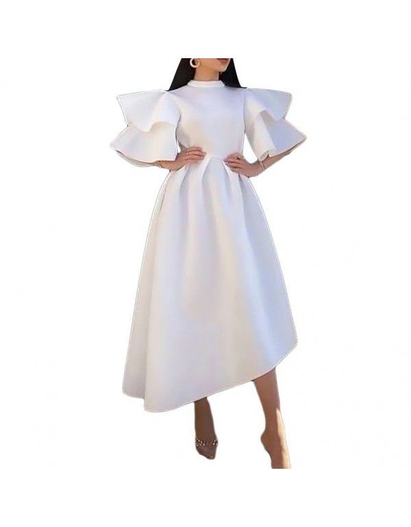 Women's New Ruffle Sleeve Solid Color Large Swing European and American Dress Dress 