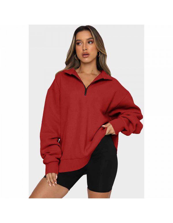 Shiying Zipper Polo Large Sweater Women's Solid Loose Versatile Top 25311969