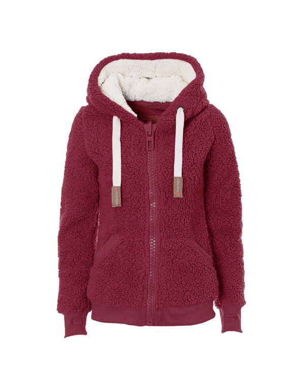 Autumn and Winter Hooded Plush Cardigan Long Sleeve Sweater Women's Jacket Loose Coat