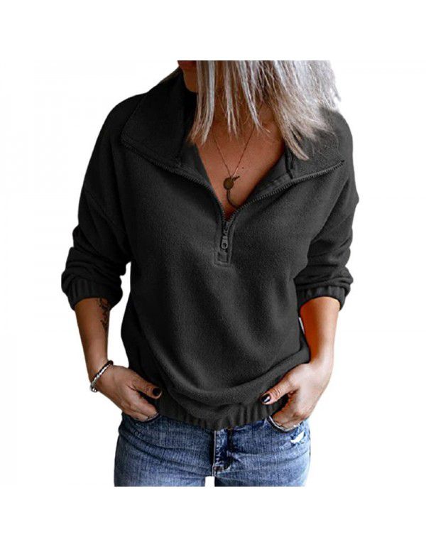 Solid color fleece stand neck zippered sweater Women's hem Rubber band casual long sleeve top Women