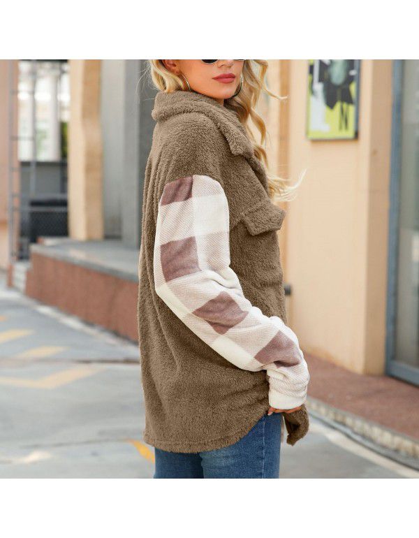 Flashy European and American autumn women's coat plush coat lapel long-sleeved double-sided flannel plaid sweater 