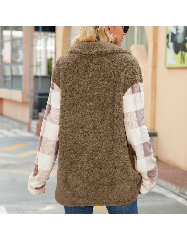 Flashy European and American autumn women's coat plush coat lapel long-sleeved double-sided flannel plaid sweater 