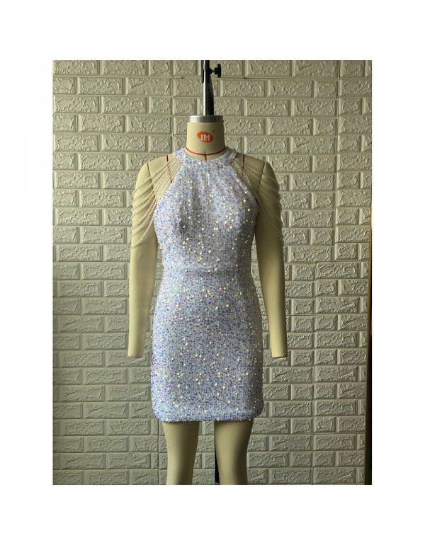 Sequin Short Dress Dress Women's Fashion Popular Round Neck Sexy Slim Fit Tassel Dress